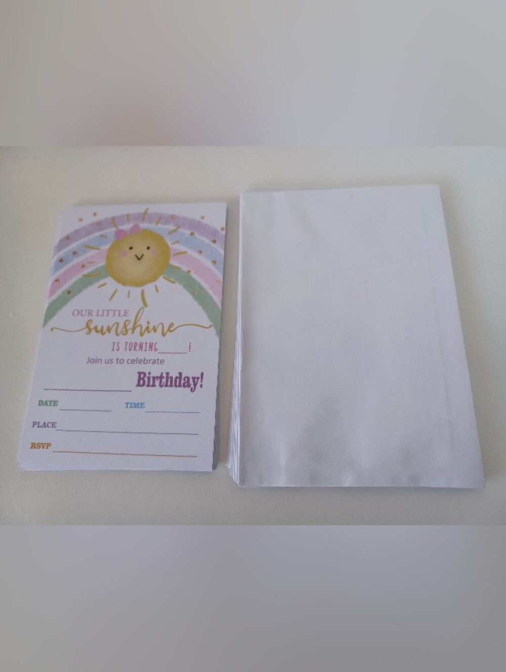 Nine Birthday Party Invitations Sun Rainbow With Thirteen White Envelopes Invite